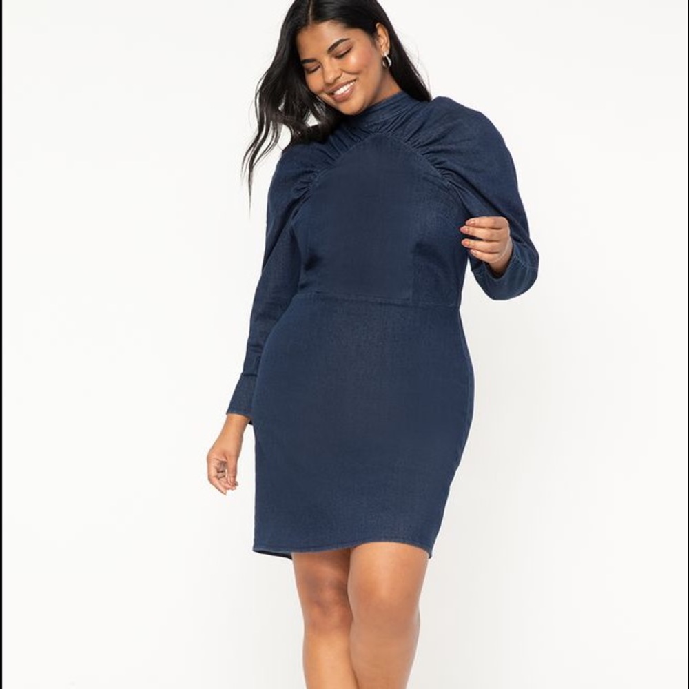 Eloquii Navy Long Sleeve Ruched Yoke Sweater Dress